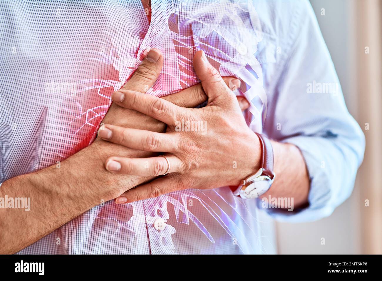 Man with chest pain, injury or medical accident for heart attack