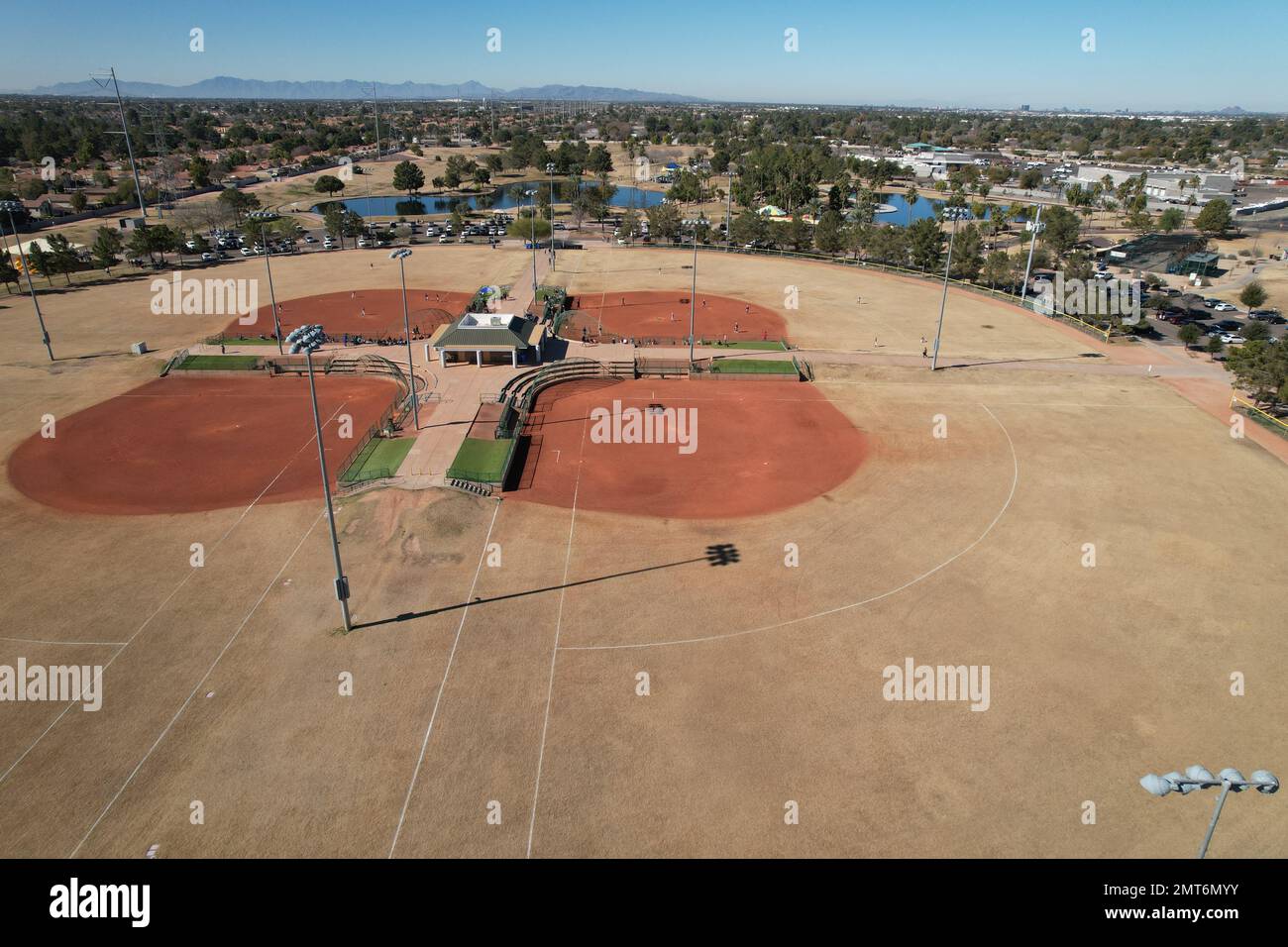 An aerial view of a brown baseball field in Gilbert Park, Arizona Stock