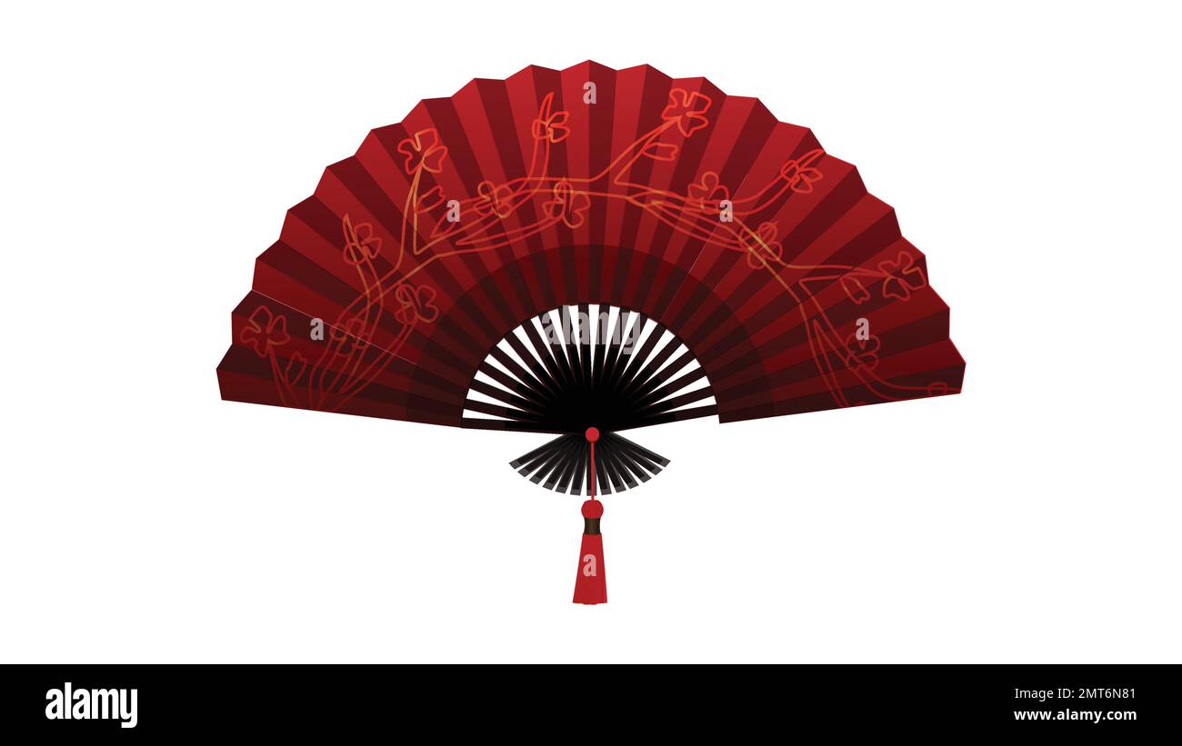 Realistic Detailed 3d Different Red Asian Hand Fans Set Traditional