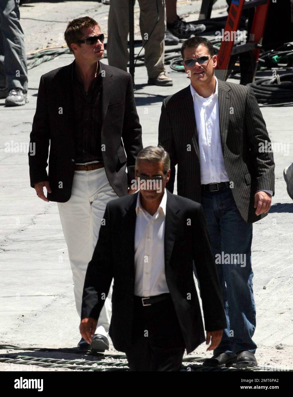 Second day of filming Oceans 13 starring Brad Pitt, Matt Damon,