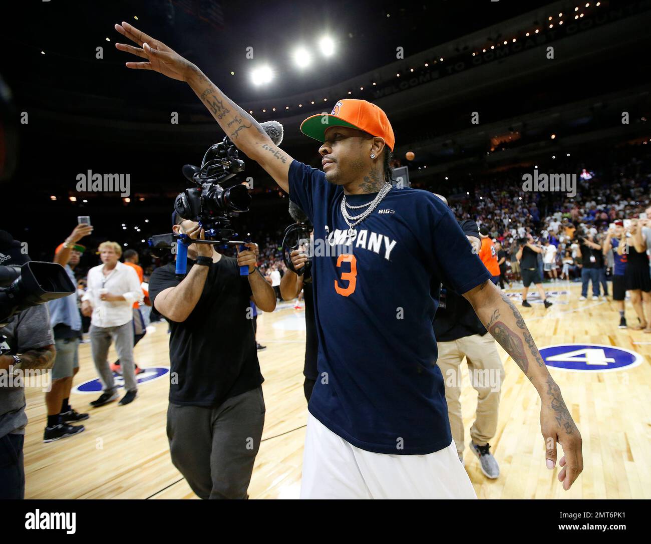 3's Company player coach Allen Iverson acknowledges the hometown fans  during his introduction before the start of Game 4 against the Tri State in  the BIG3 Basketball League in Philadelphia, Pa., Sunday,