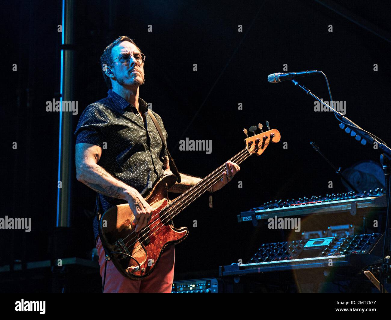 Scott Shriner of Weezer performs during Forecastle Music Festival at