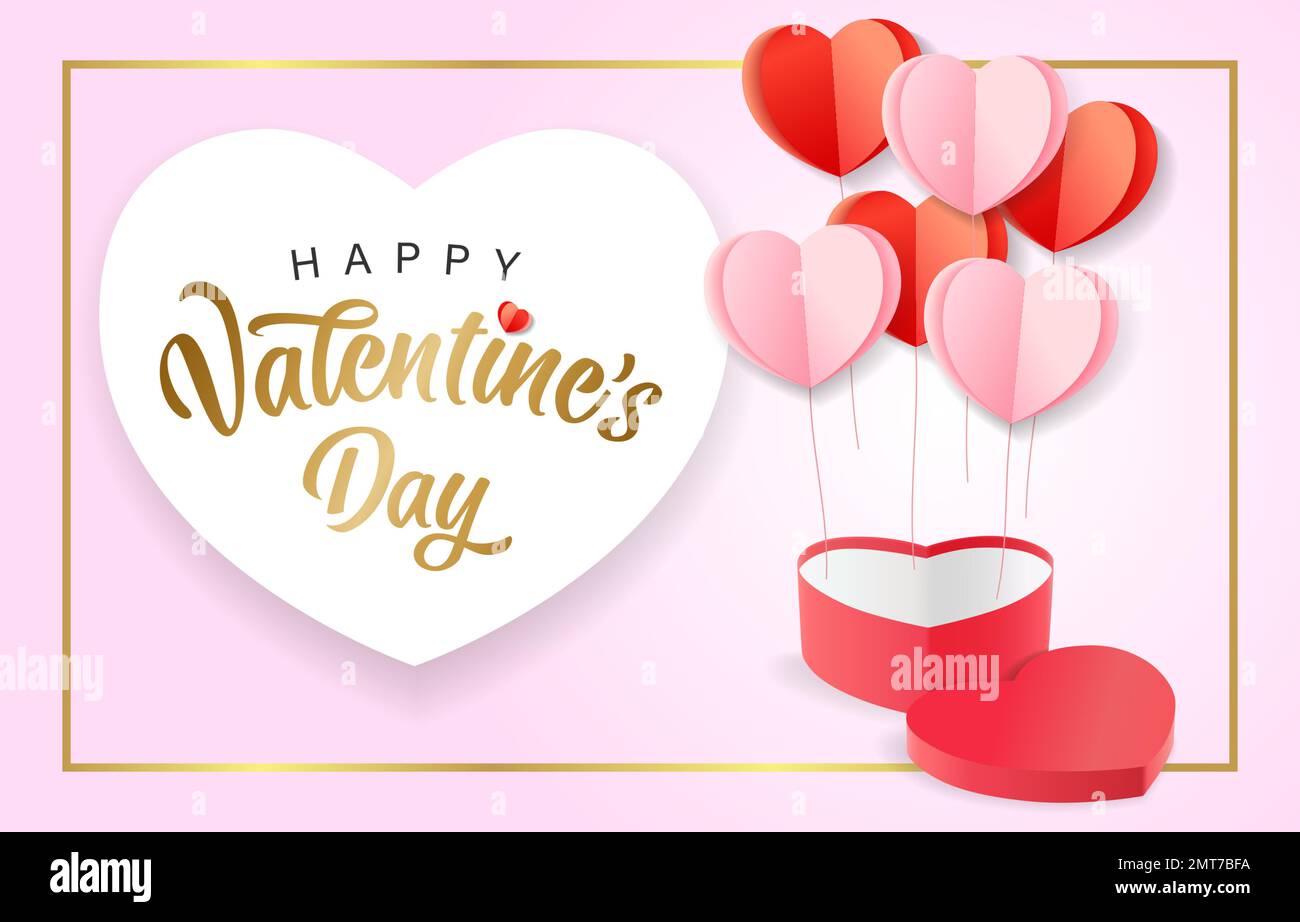 Happy Valentines day card with heart shaped gift box and paper hearts ...