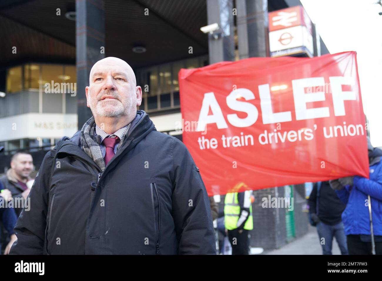 Aslef General Secretary Mick Whelan, joins rail workers on the picket line outside London Euston rail station as members of the drivers' union Aslef take strike action in a dispute over pay. Picture date: Wednesday February 1, 2023. Stock Photo