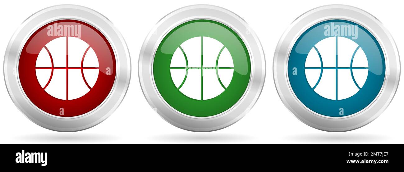Ball vector icon set. Red, blue and green silver metallic web buttons ...