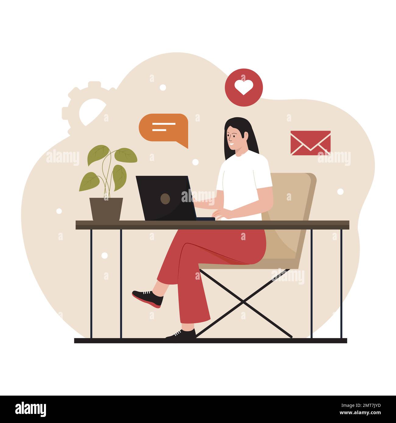 Woman working at desk on laptop illustration concept. Illustration for websites, landing pages, mobile apps, posters and banners. Trendy flat vector i Stock Vector