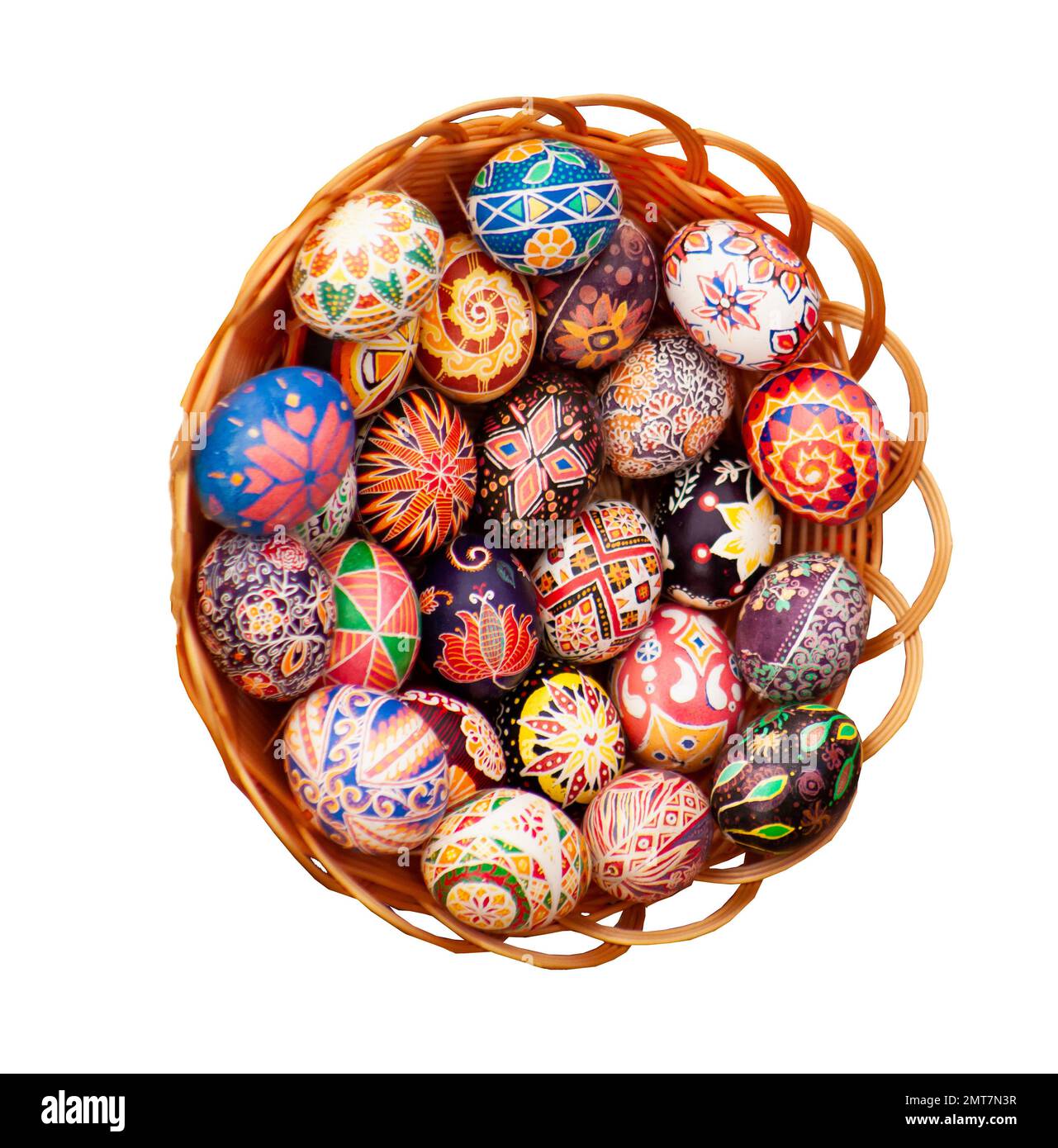 Easter eggs in a basket isolated on white background. Festive decorated
