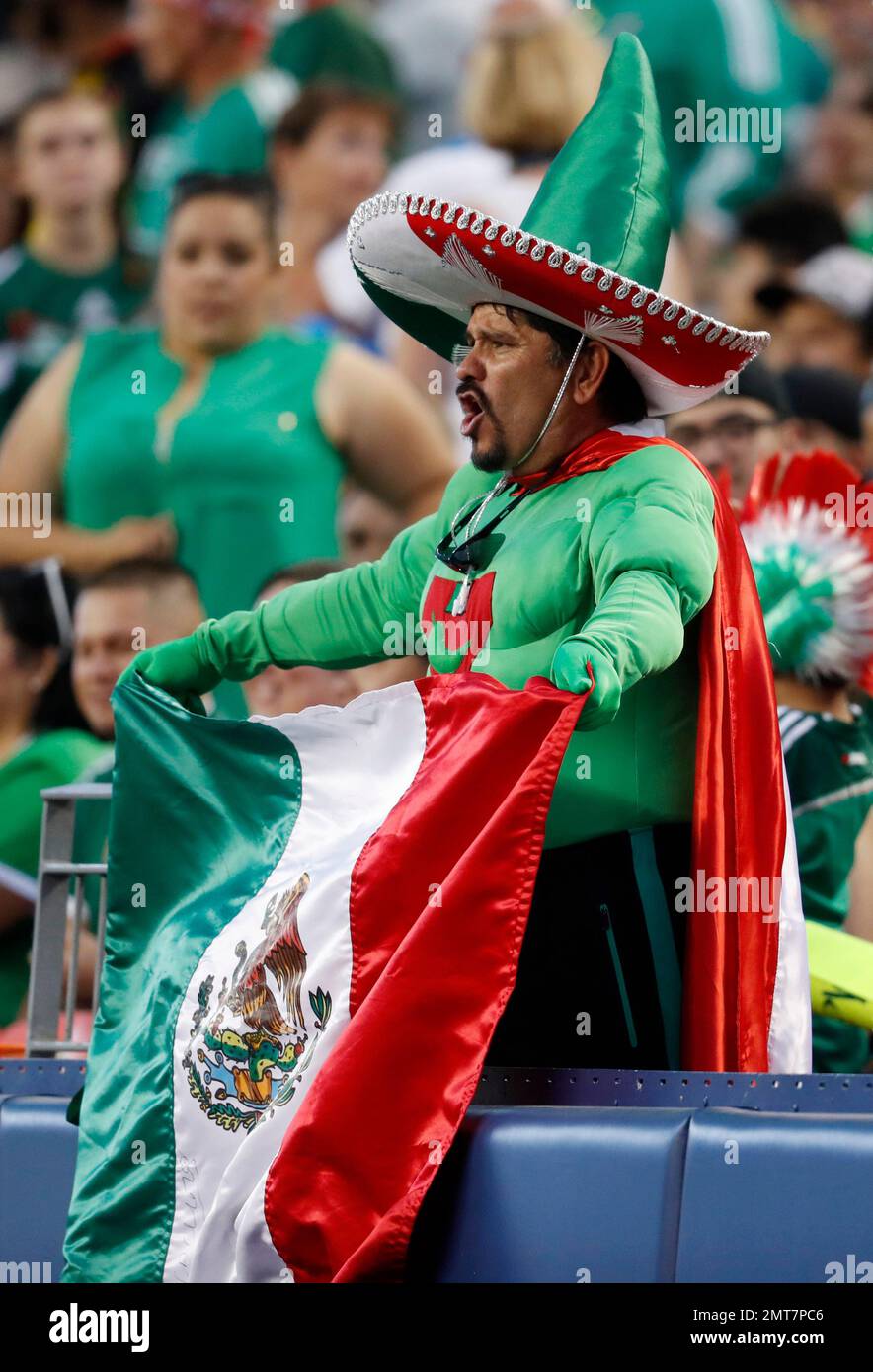 A fan dressed as a jalapeno cheers for Mexico, at the team's