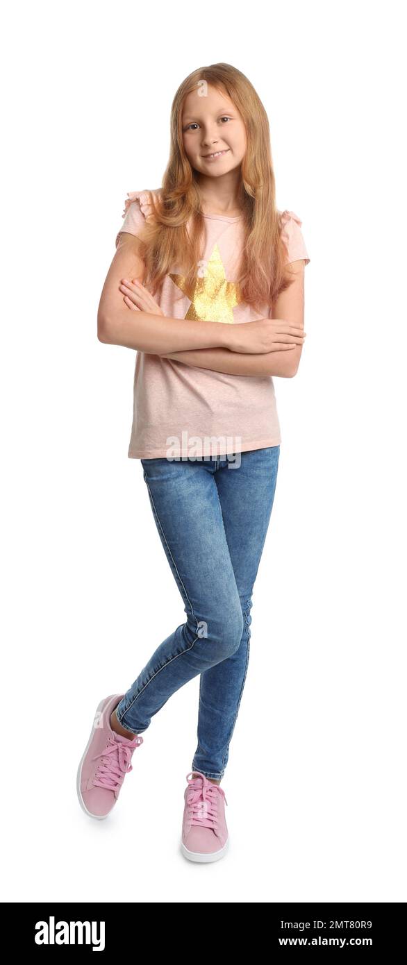 Full length portrait of preteen girl on white background Stock Photo ...