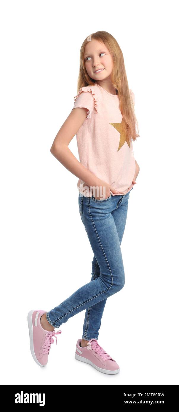 Full length portrait of preteen girl on white background Stock Photo ...