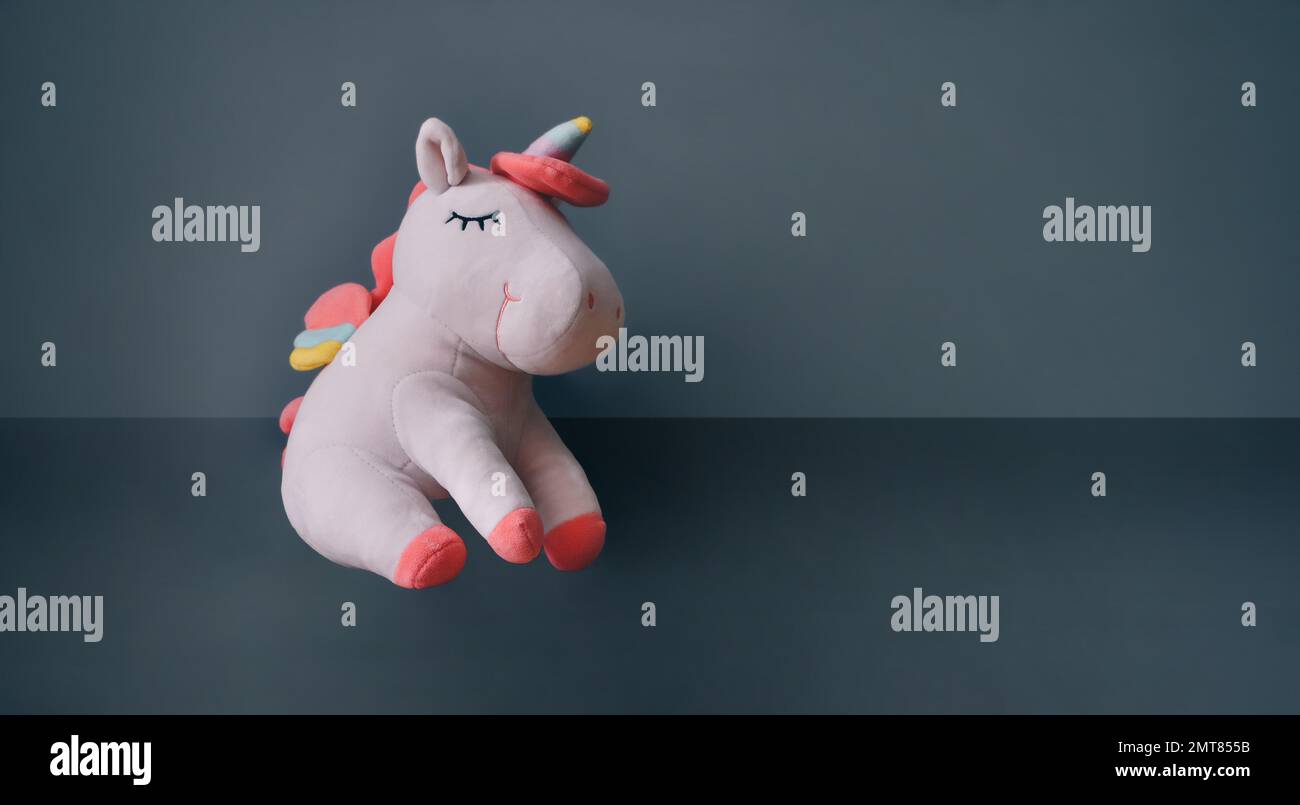 Cute soft unicorn plush toy. Close up shot, empty space Stock Photo