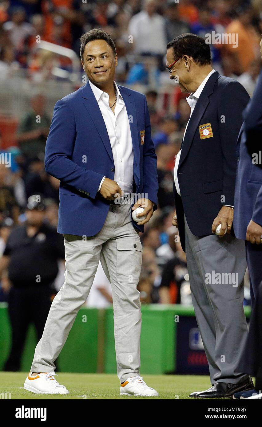 MLB Hall of Fame player Roberto Alomar of Puerto Rico, participates in a pre-game ceremony at the MLB baseball All-Star Game, Tuesday, July 11, 2017, in Miami