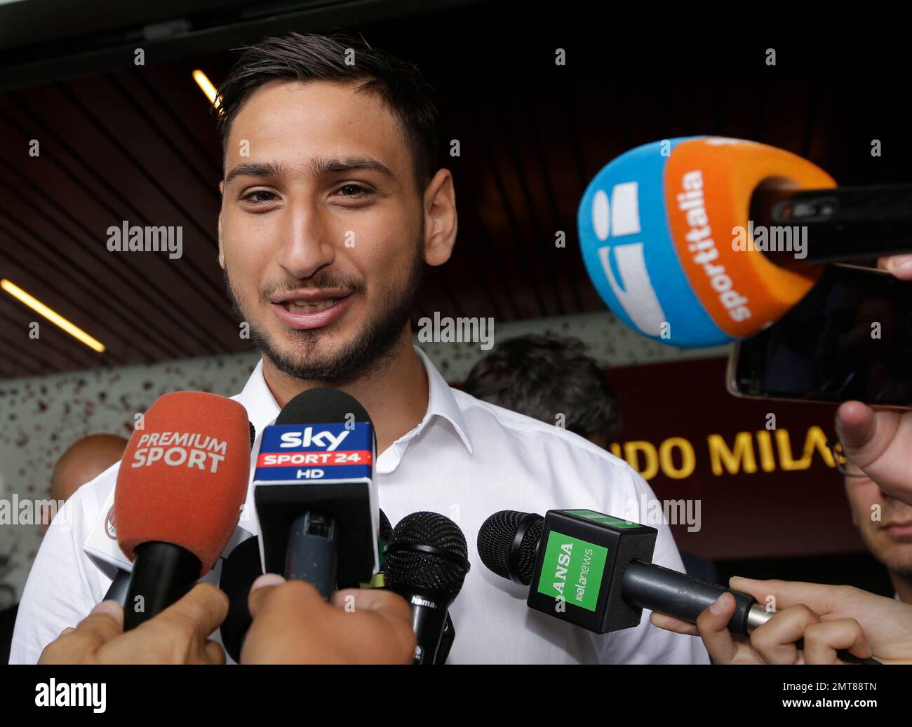 AC Milan goalie Gianluigi Donnarumma meets reporters at the 'Casa Milan