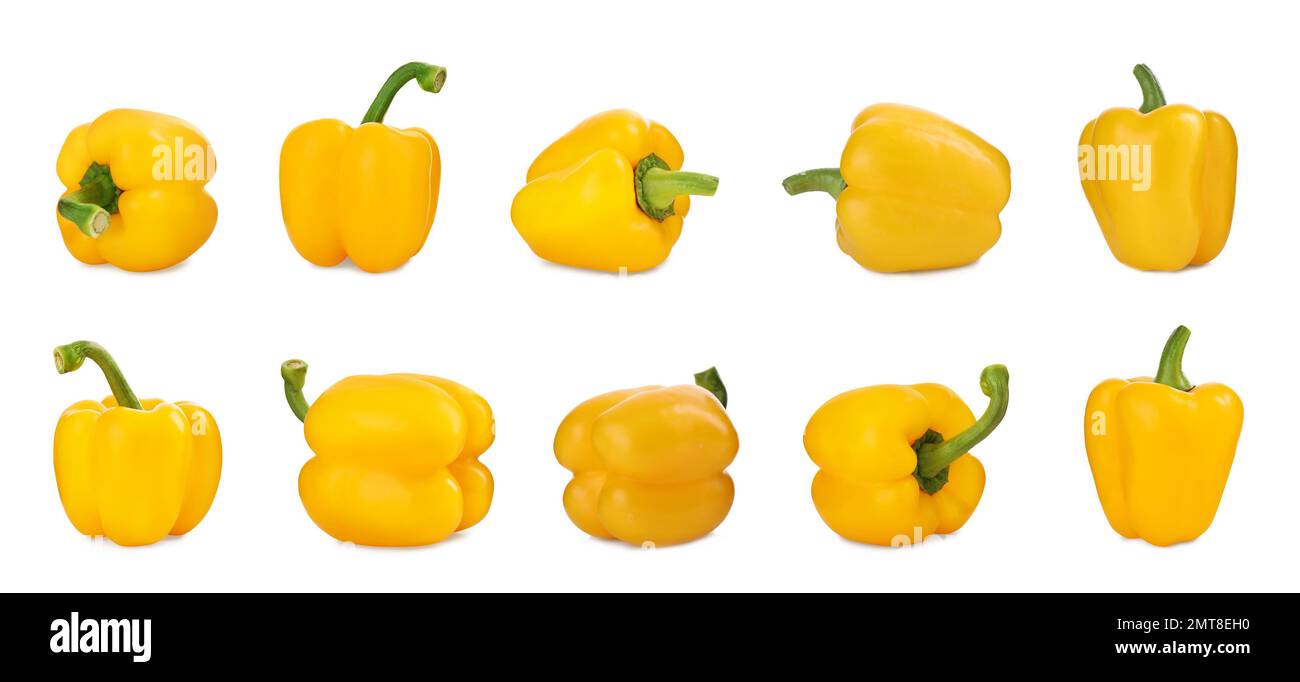 Set of ripe yellow bell peppers on white background Stock Photo - Alamy