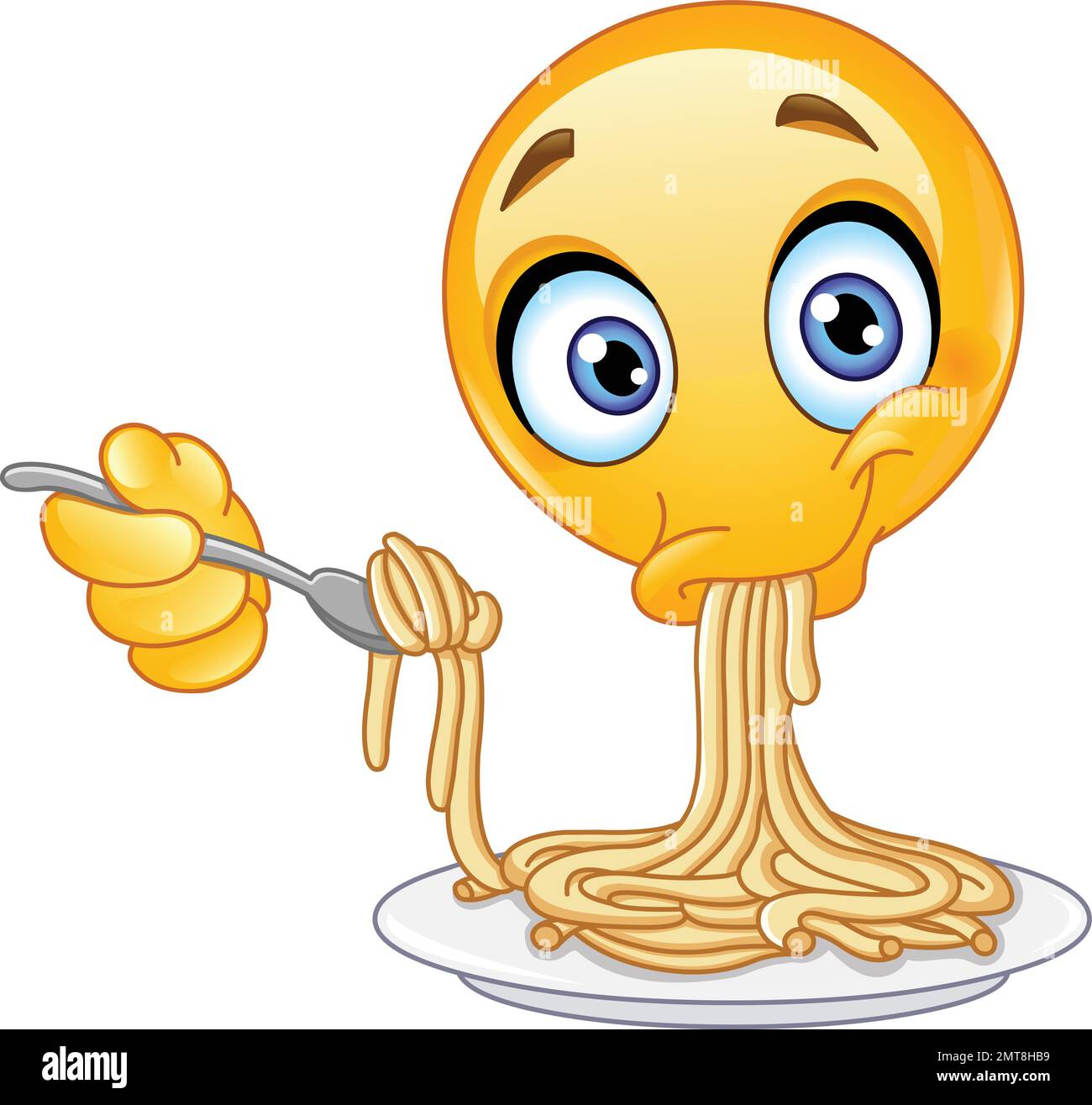 Emoji emoticon eating spaghetti from a plate using a spoon Stock Vector