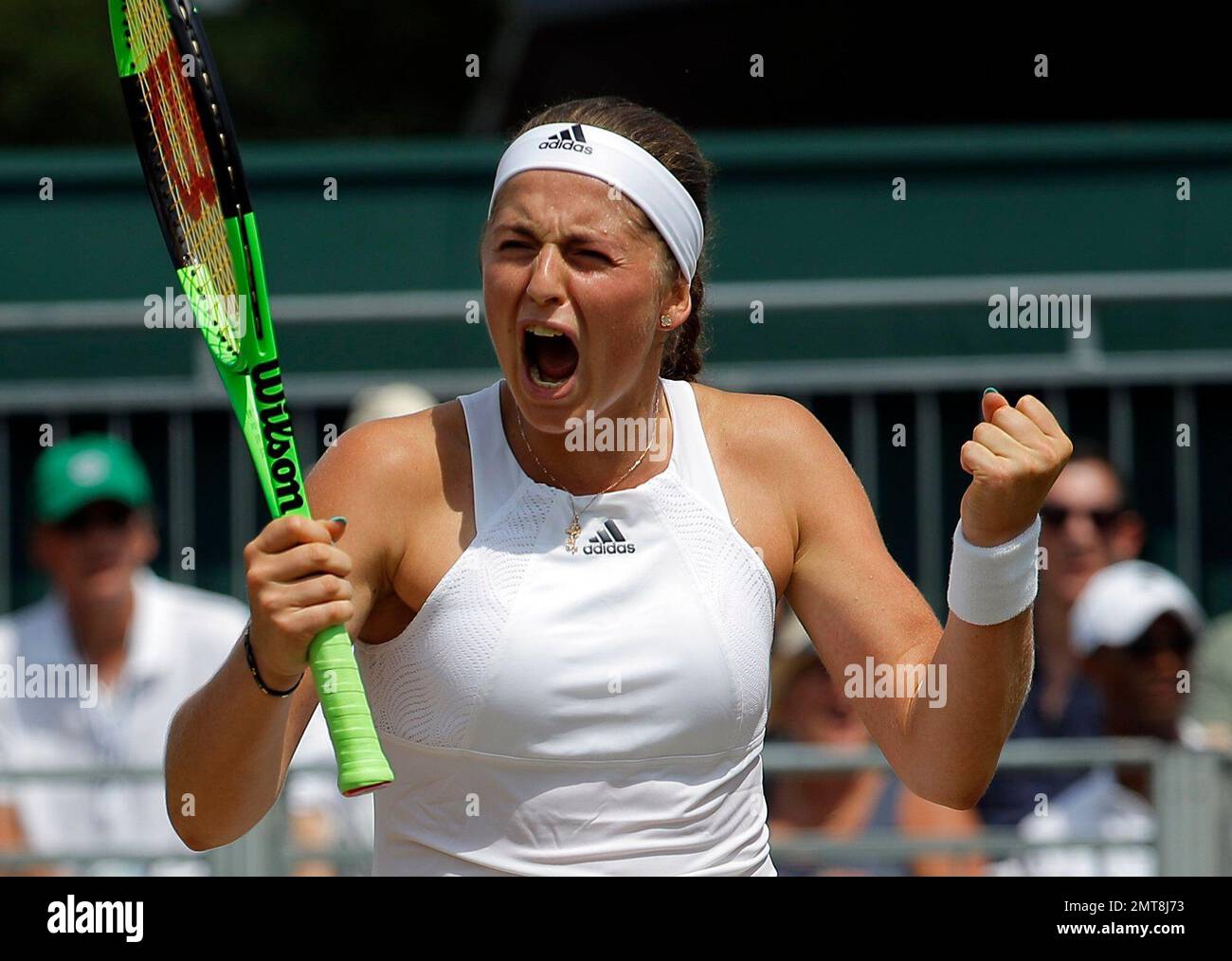 Latvia's Jelena Ostapenko celebrates after beating Ukraine's Elina Svitolina  in their Women's Singles Match on day seven at the Wimbledon Tennis  Championships in London Monday, July 10, 2017. (AP Photo/Alastair Grant  Stock