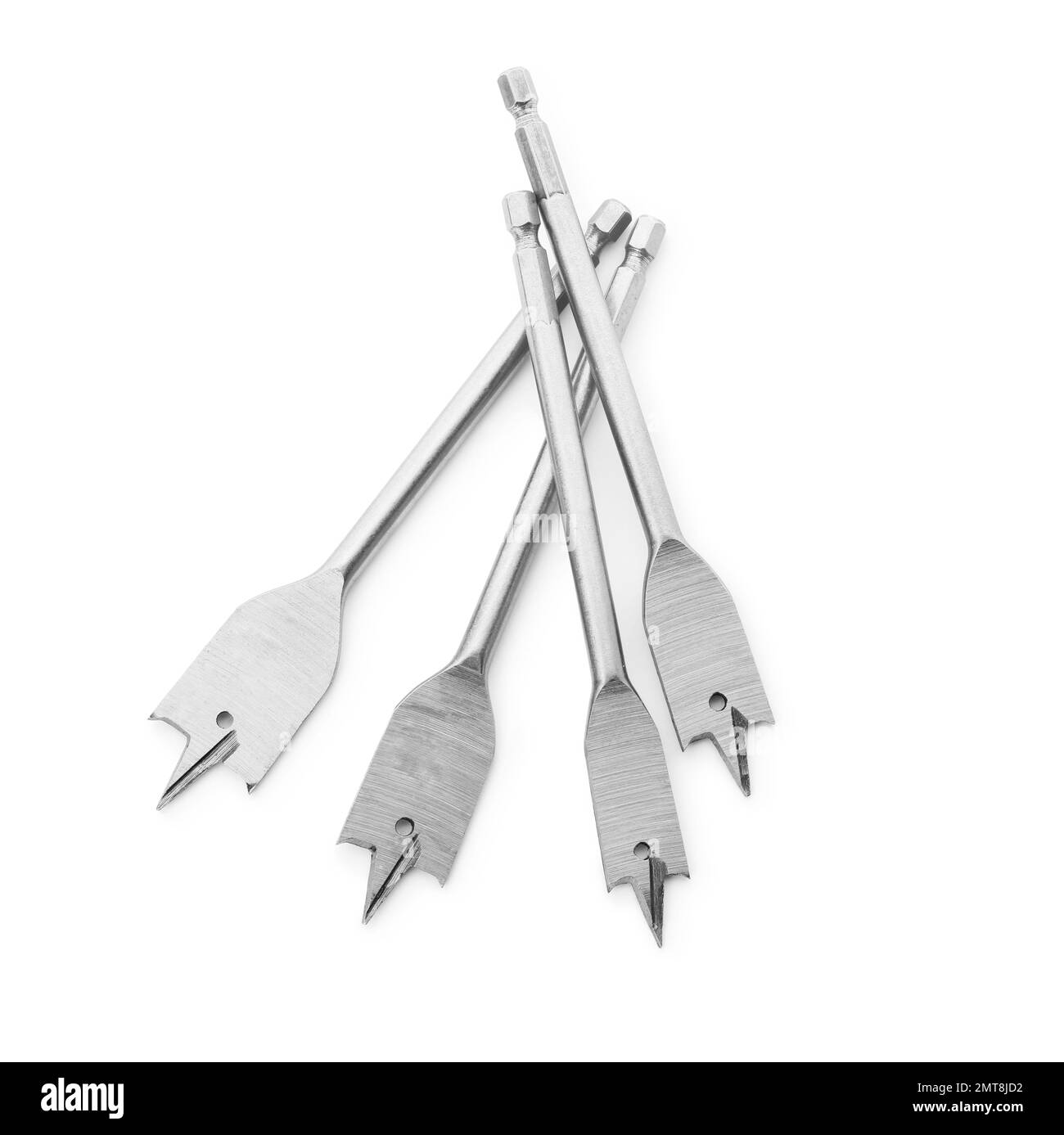 Spade drill bits isolated on white, top view. Carpenter's tools Stock