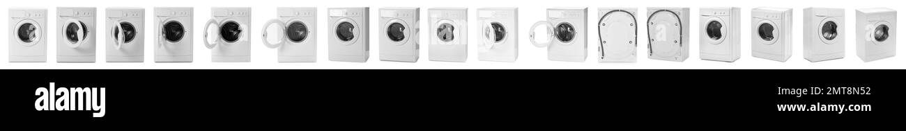Set with modern washing machines on white background. Banner design Stock Photo
