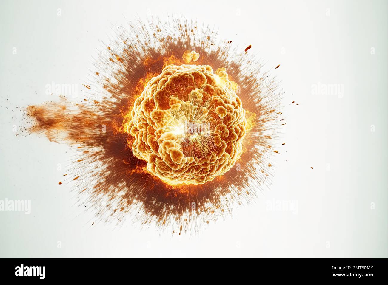 A blazing fireball caused by a nuclear detonation in a conflict-ridden area of space and world explosion on a pitch-white background. Nuclear blast in Stock Photo