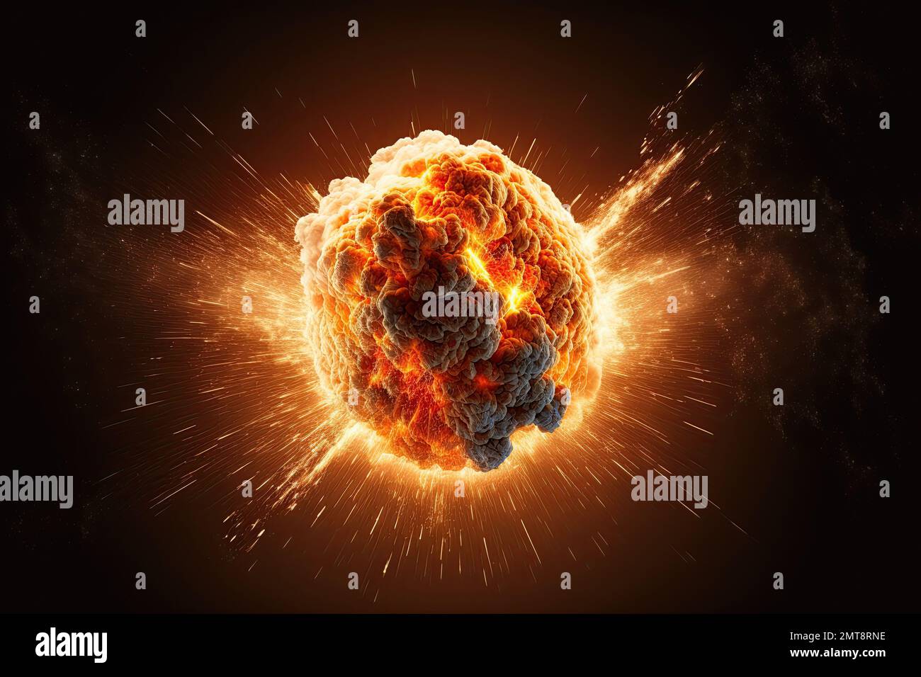 isolated explosion producing a fireball in a mushroom cloud, created by a war-related blast in a dark background, is conjured up by an apocalyptic Stock Photo