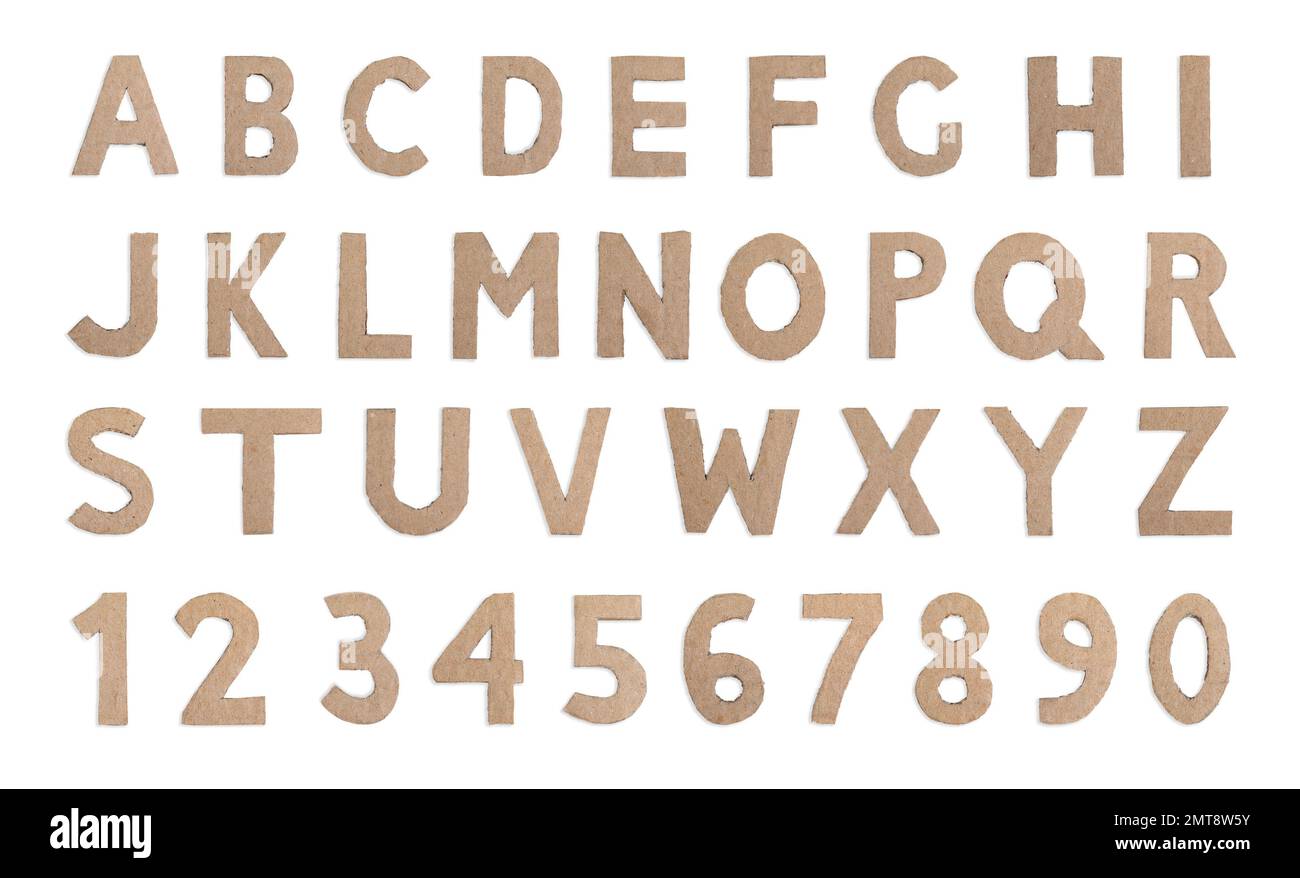 Collage with letters and numbers made of cardboard on white background