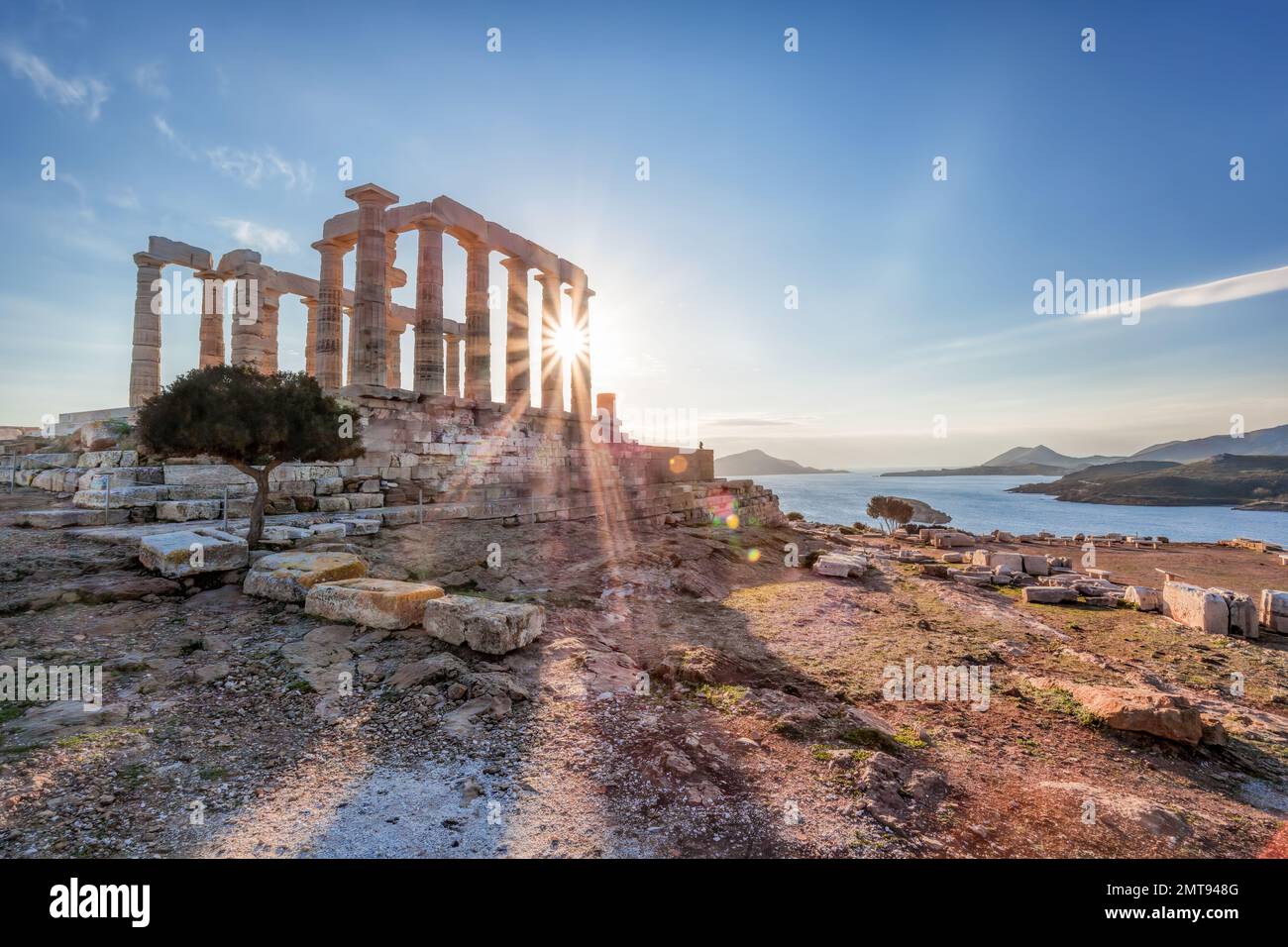 Cape Sounion with ruins of an ancient Greek temple of Poseidon during ...