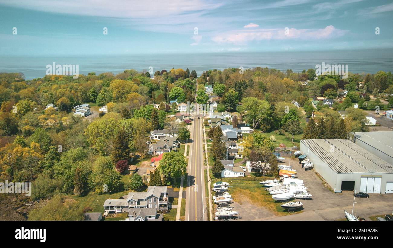 An aerial view of the S Fitzhugh Street located in Sodus Point, New