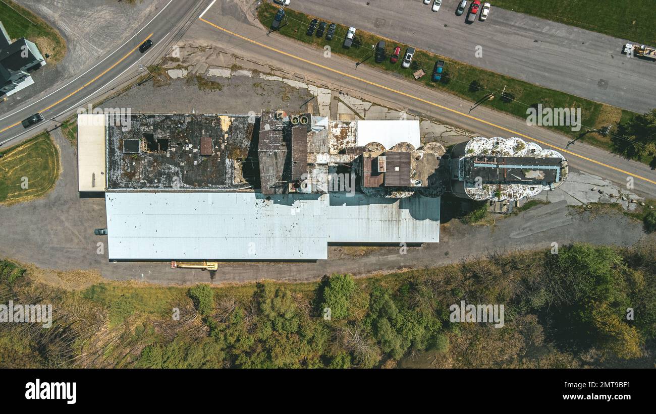 An aerial view of an old Malt House located in Sodus Point, New York