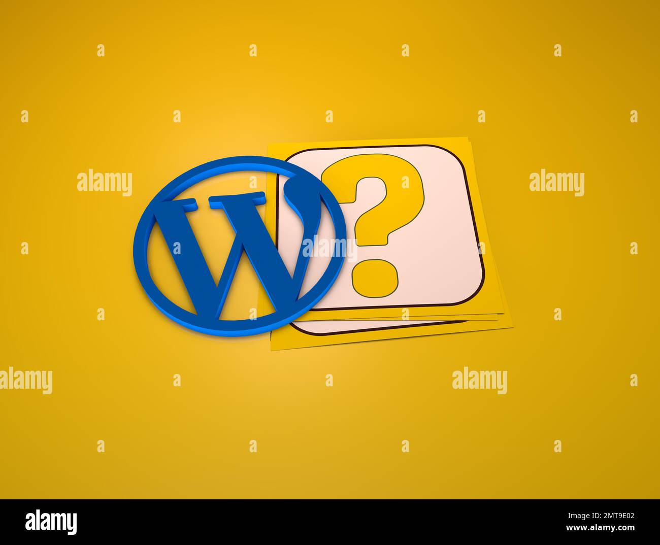 A 3d rendering of the WordPress Logo and a question mark against a ...