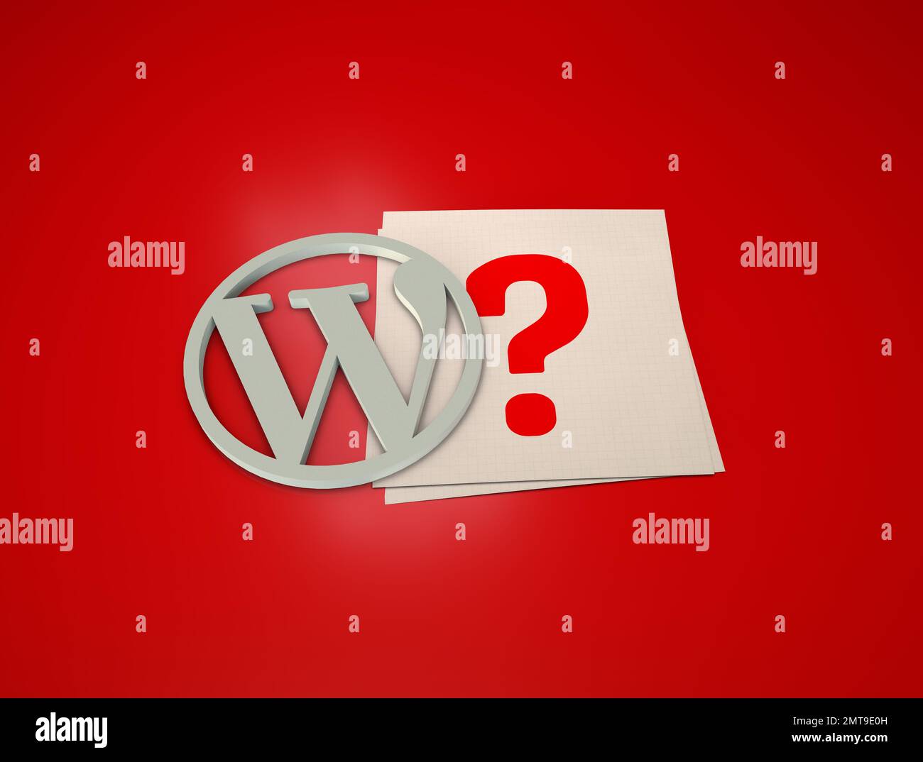 A 3d rendering of the WordPress Logo and a question mark against a red ...