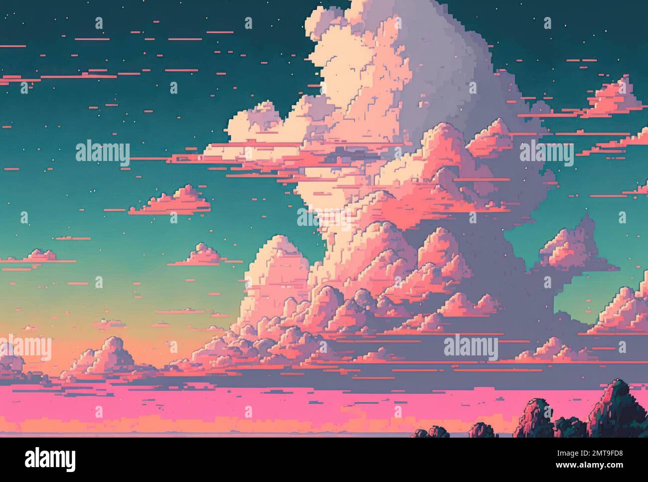 Pastel sweet blue pink sky pixel art style. background with copy space