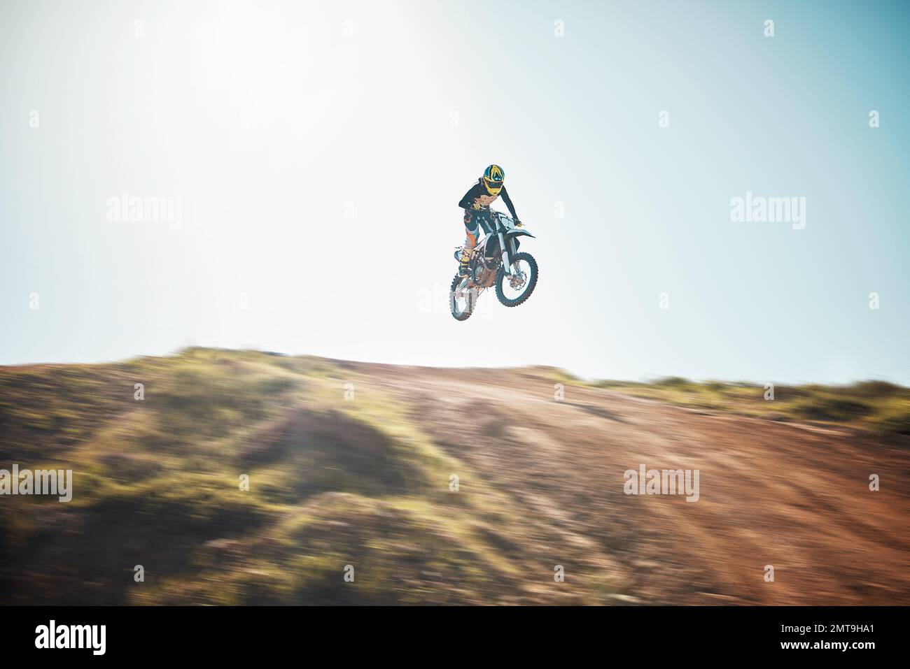 Motorbike, cycling and jump on blue sky mockup for speed challenge