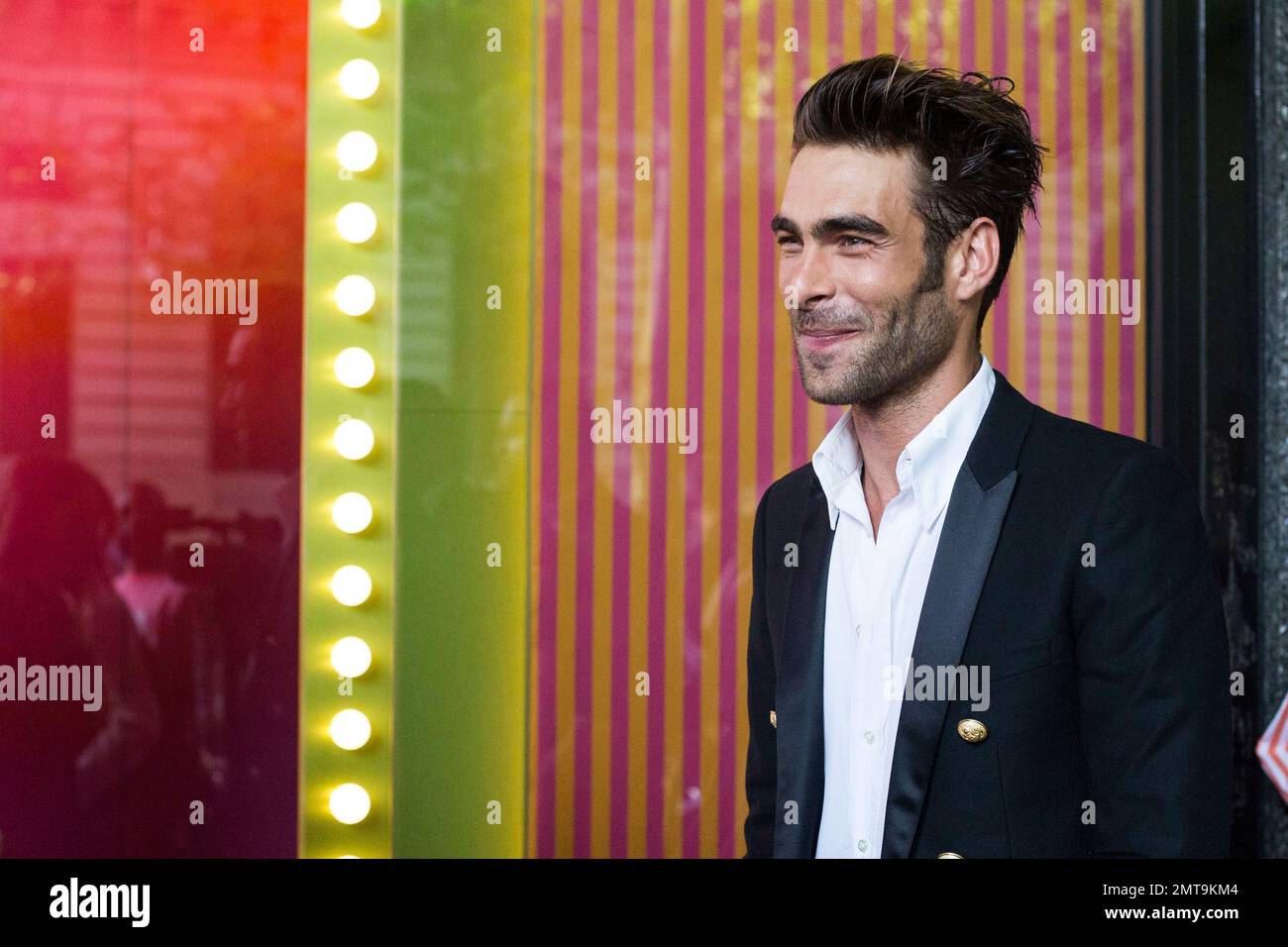 Model Jon Kortajarena arrives for a ribbon cutting ceremony of a Bulgari  pop-up store at the Galleries Lafayette department store in Paris, Tuesday,  July 4, 2017. (AP Photo/Kamil Zihnioglu Stock Photo -