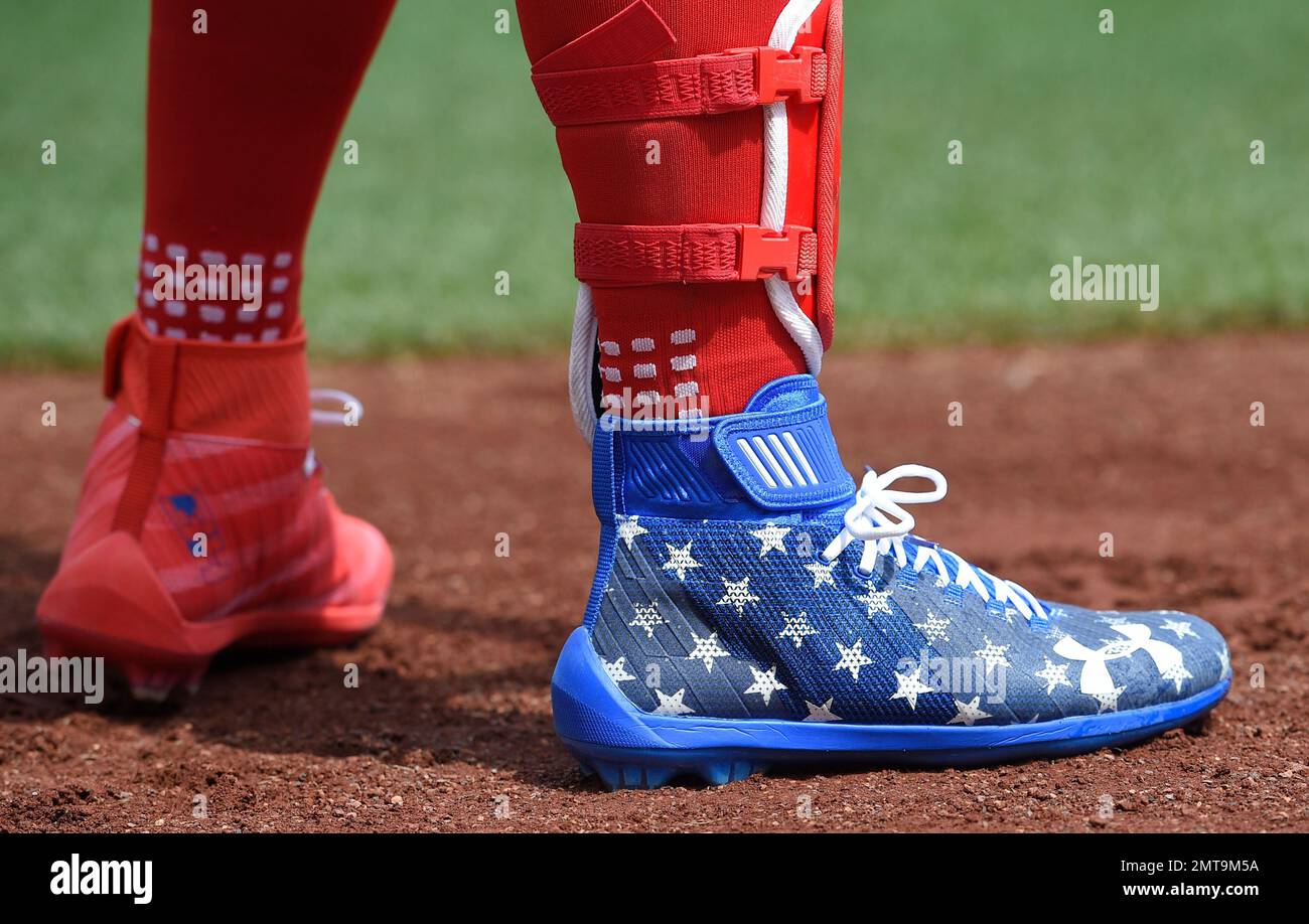 Washington Nationals' Bryce Harper wears a No. 42 hat in tribute to Jackie  Robinson as he warms up before a baseball game against the Philadelphia  Phillies, Saturday, April 15, 2017, in Washington. (