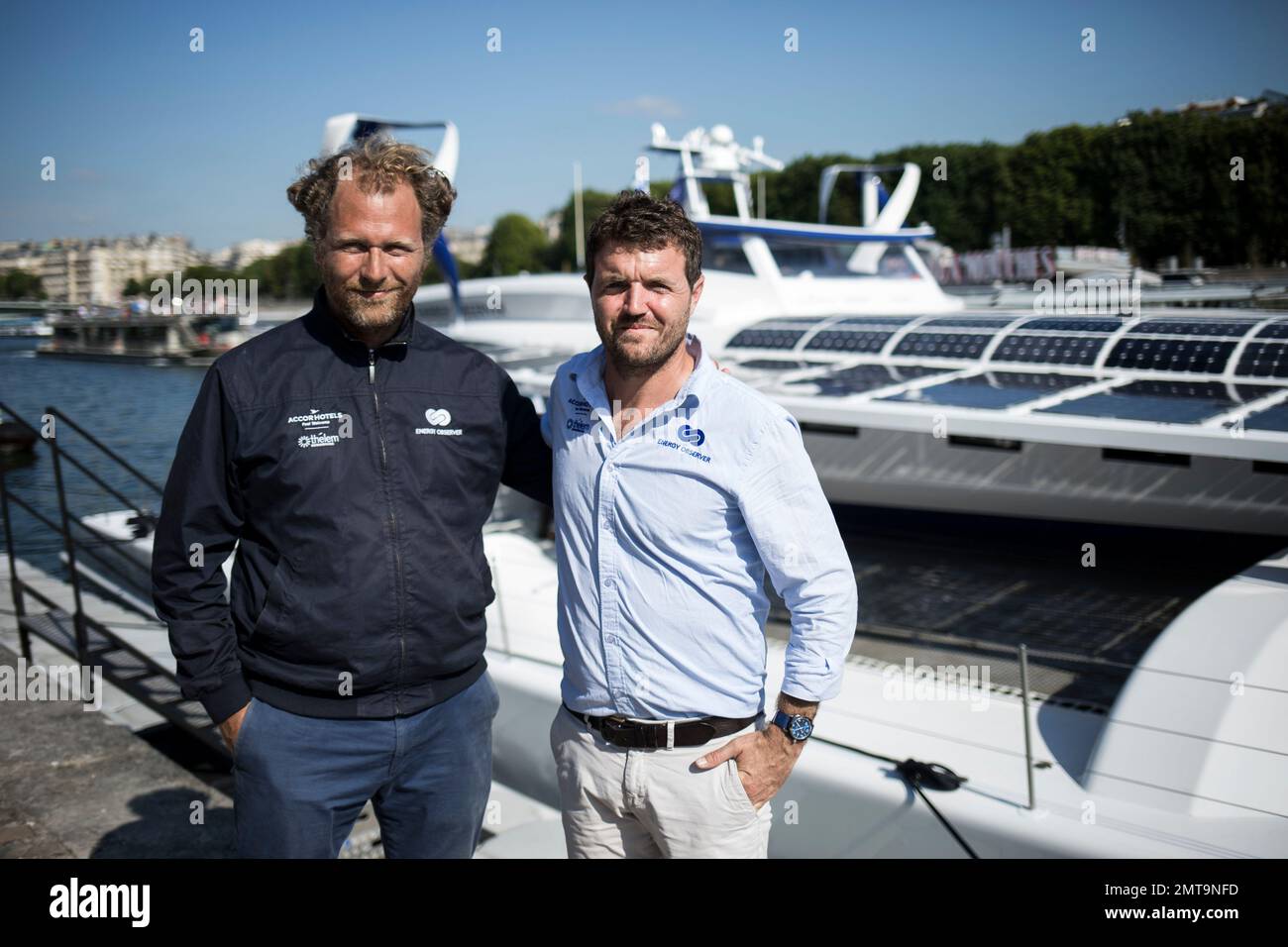 Jérôme Delafosse France's Jerome Delafosse, explorer and filmmaker, left, speaks with France's Victorien Erussard captain of the Energy Observer, a former race boat turned into a autonomous navigation with hydrogen after an interview with