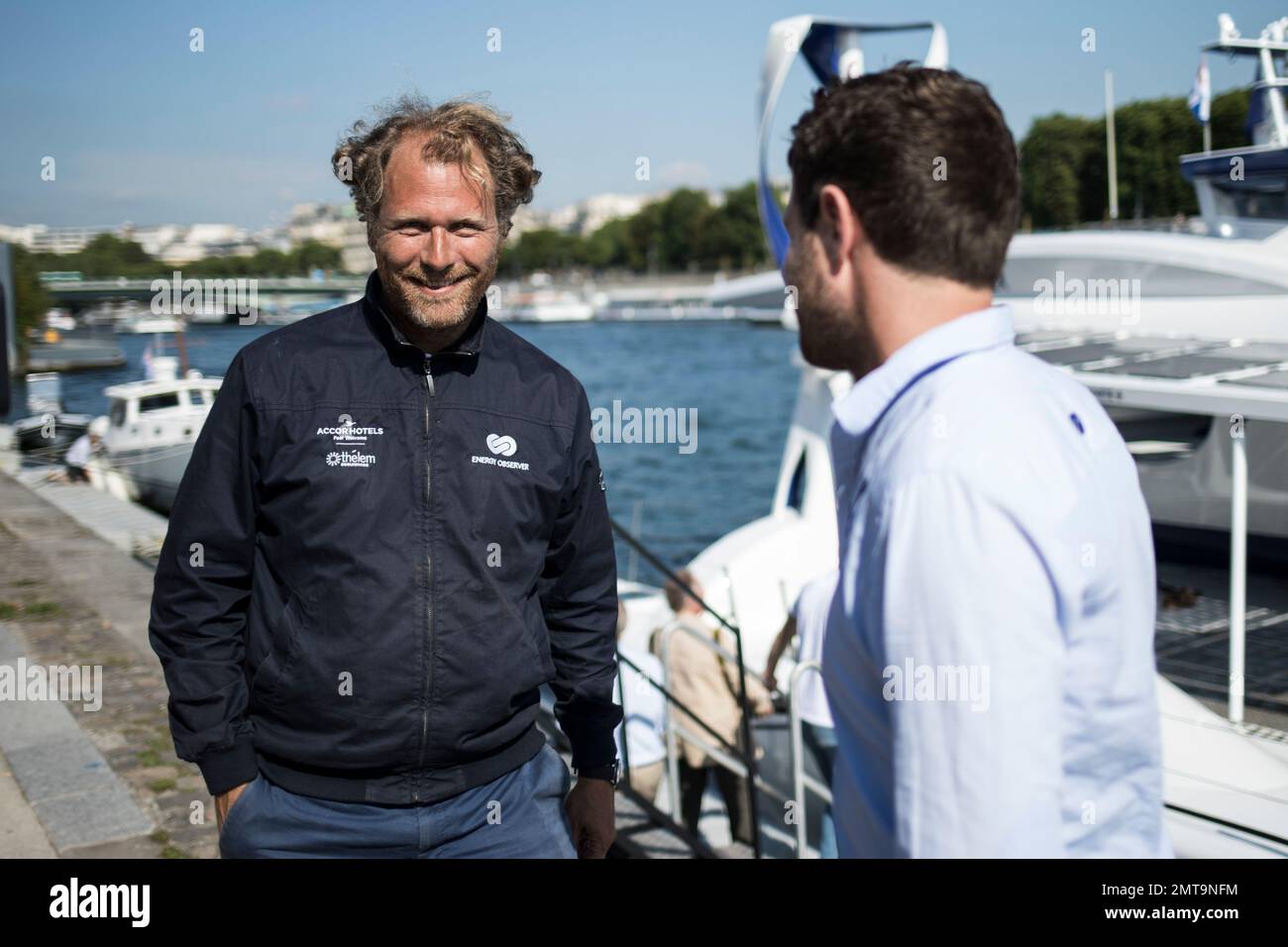 Jérôme Delafosse France's Jerome Delafosse, explorer and filmmaker, left, speaks with France's Victorien Erussard captain of the Energy Observer, a former race boat turned into a autonomous navigation with hydrogen after an interview with