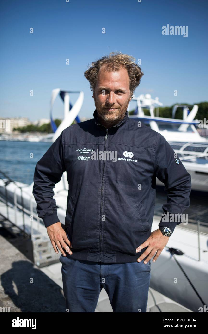 Jérôme Delafosse France's Jerome Delafosse, explorer and filmmaker, left, speaks with France's Victorien Erussard captain of the Energy Observer, a former race boat turned into a autonomous navigation with hydrogen after an interview with