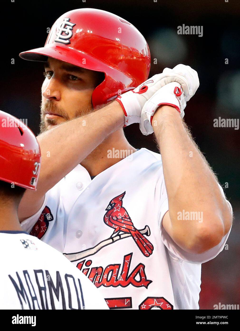 St. Louis Cardinals' Adam Wainwright celebrates after hitting a two-run  single during the third inning of a baseball game against the Miami Marlins  Monday, July 3, 2017, in St. Louis. (AP Photo/Jeff