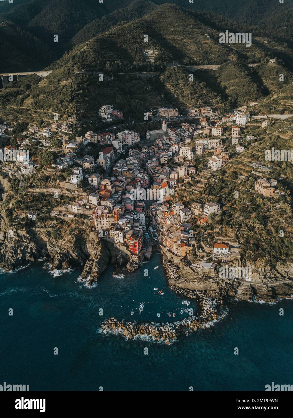 Drone view of Riomaggiore, Cinque Terre, Liguria, Province of La Spezia, Italy Stock Photo