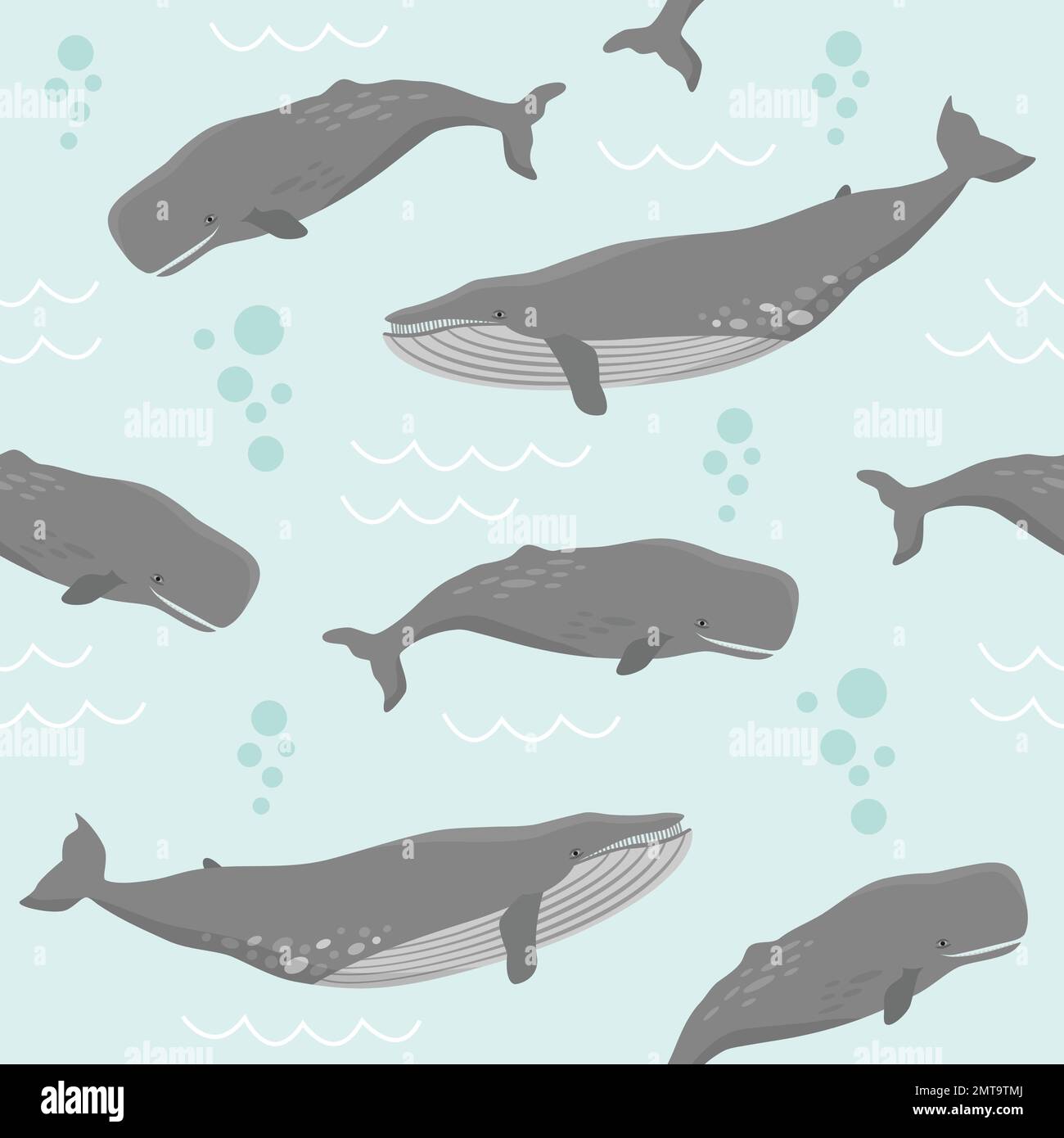 Seamless pattern with whales. Blue whales and Sperm whales swimming under water. Stock Vector