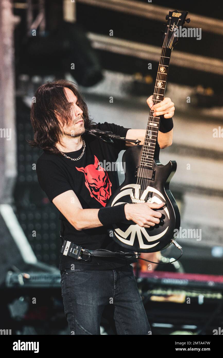 STADIO OLIMPICO, TURIN, ITALY: Vince Pastano, guitarist of the Italian rocker Vasco Rossi, performing live on stage for the “LIVE KOM” tour Stock Photo