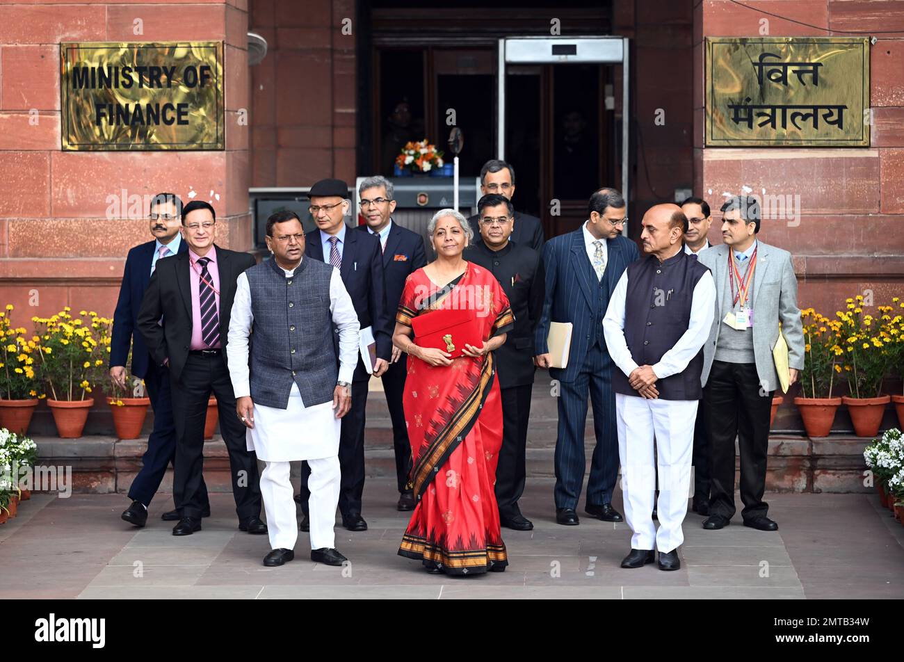 New Delhi, India. 01st Feb, 2023. NEW DELHI, INDIA - FEBRUARY 1: Union Finance Minister Nirmala Sitharaman with Ministers of State Bhagwat Kishanrao Karad and Pankaj Chaudhary and officials poses for photographs outside the Finance Ministry ahead of the presentation of the Union Budget 2023-24 at North Block on February 1, 2023 in New Delhi, India. (Photo by Ajay Aggarwal/Hindustan Times/Sipa USA) Credit: Sipa USA/Alamy Live News Stock Photo