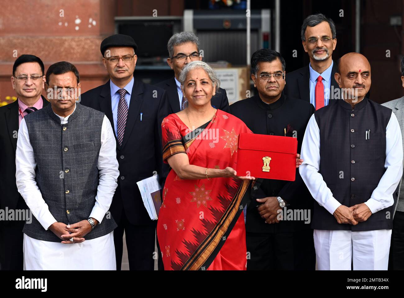 New Delhi, India. 01st Feb, 2023. NEW DELHI, INDIA - FEBRUARY 1: Union Finance Minister Nirmala Sitharaman with Ministers of State Bhagwat Kishanrao Karad and Pankaj Chaudhary and officials poses for photographs outside the Finance Ministry ahead of the presentation of the Union Budget 2023-24 at North Block on February 1, 2023 in New Delhi, India. (Photo by Ajay Aggarwal/Hindustan Times/Sipa USA) Credit: Sipa USA/Alamy Live News Stock Photo