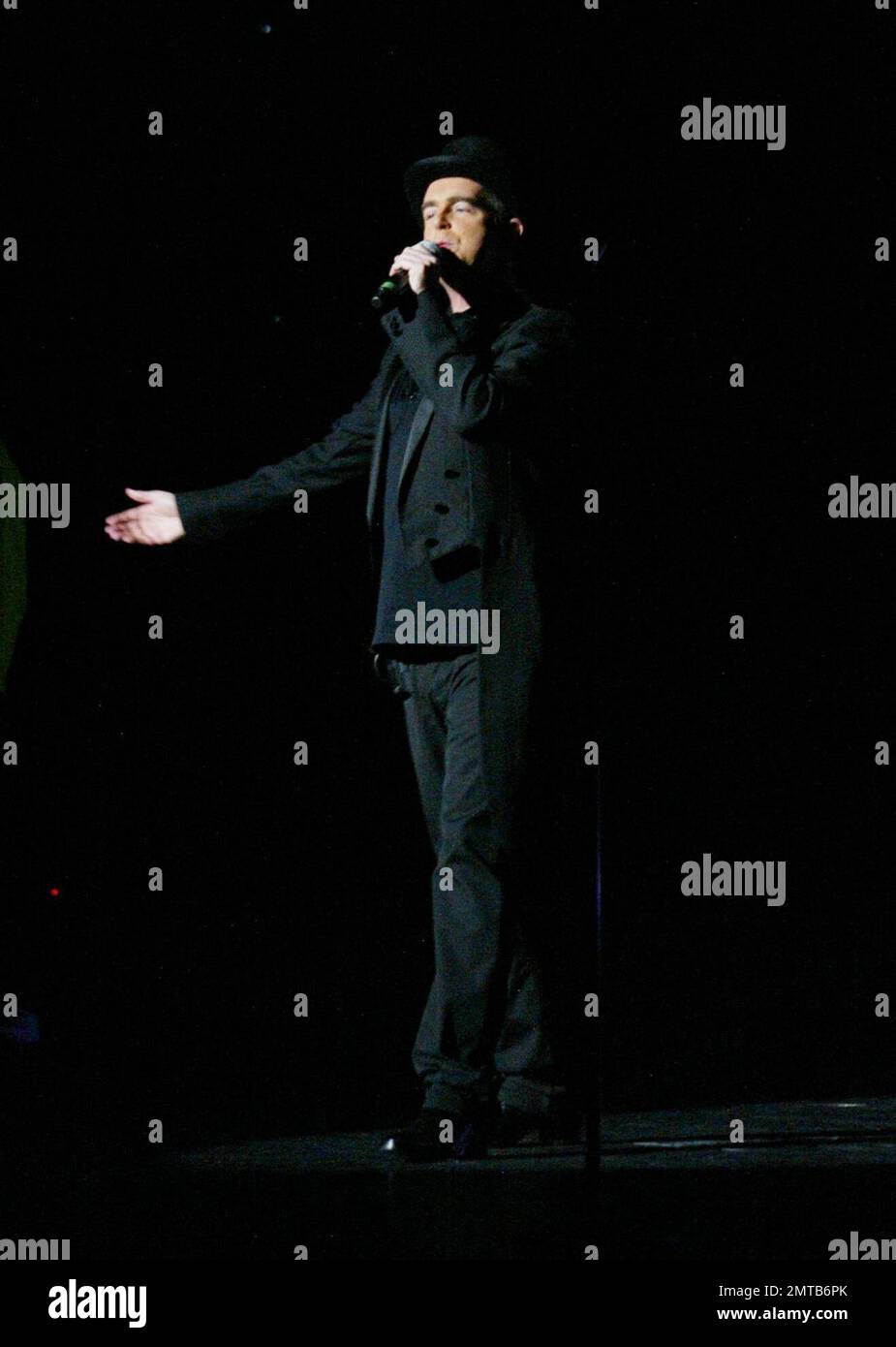 The pet shop boys wearing top hats and tails perform at the jackie