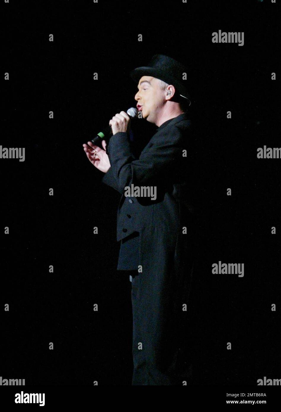 The pet shop boys wearing top hats and tails perform at the jackie