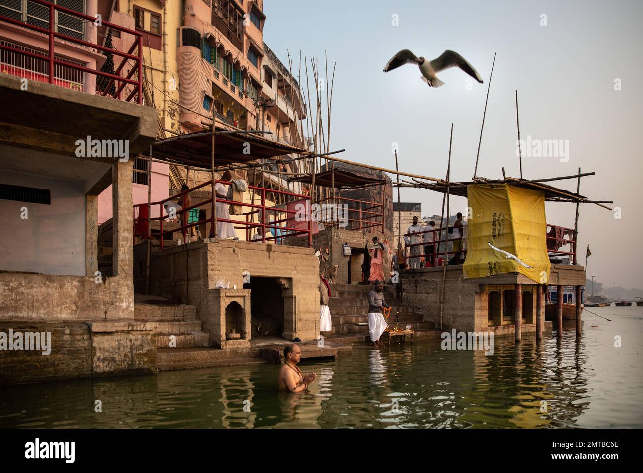 A single room's light is on in a block of apartments in Delhi, India Stock Photo