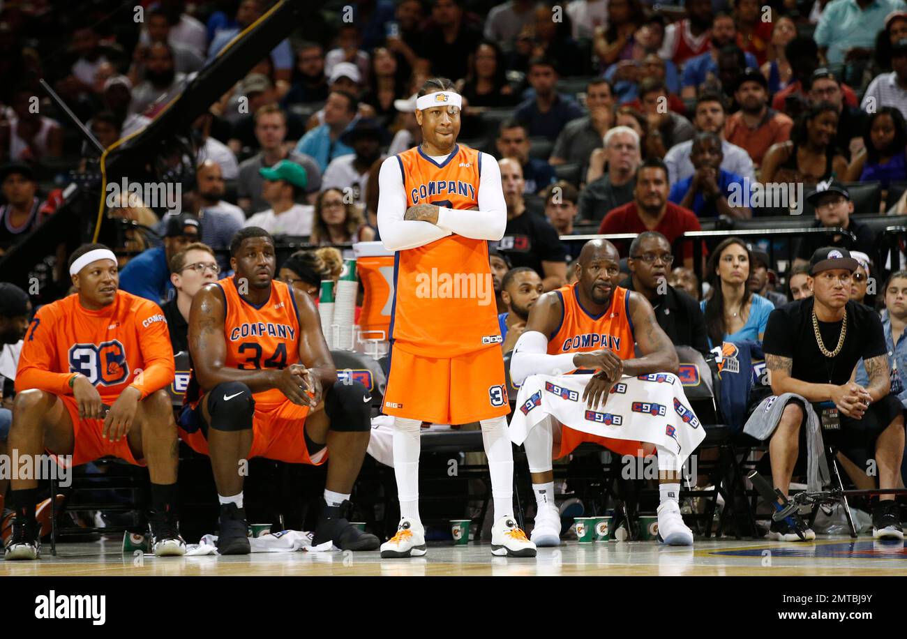 3's Company player/captain and coach Allen Iverson, center, watches from  the sideline during the first half of Game 3 against the Ball Hogs in the  BIG3 Basketball League debut, Sunday, June 25,