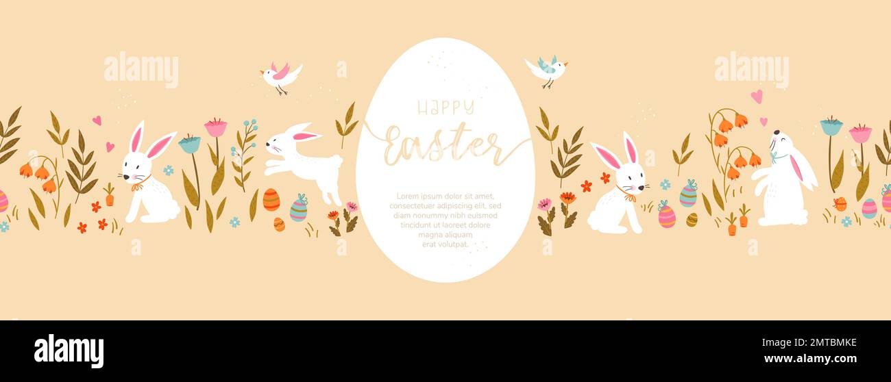 Cute hand drawn Easter horizontal seamless pattern with bunnies ...