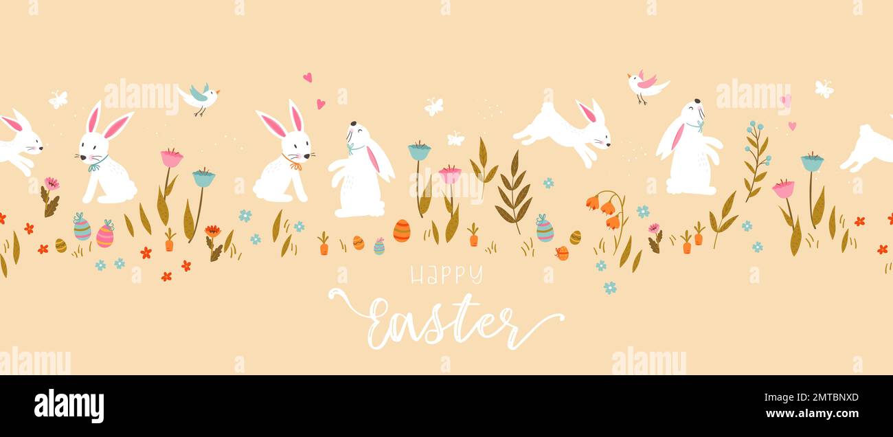 Cute hand drawn Easter horizontal seamless pattern with bunnies ...