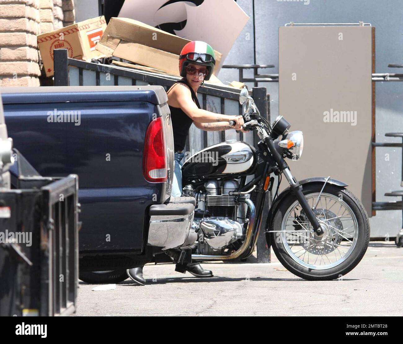 Pink was seen arriving on her Triumph motorcycle this afternoon at a ...